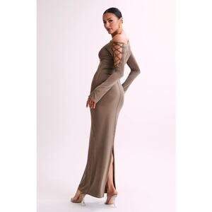 NWT Women's Meshki Gabby Tie Sleeve Slinky Maxi Dress in Coco size L Glam Party